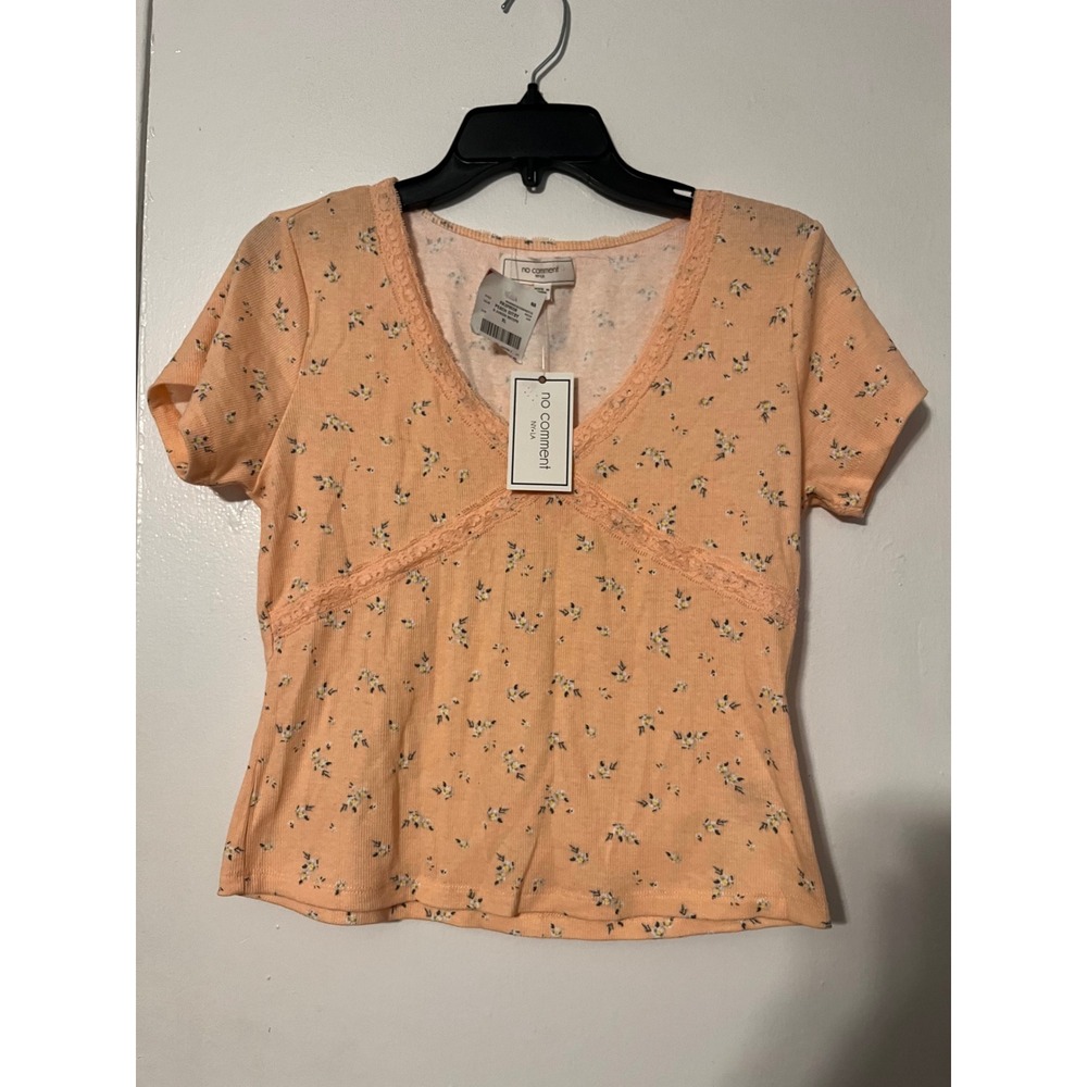 No Comment NY-LA Peach Floral Ribbed Lace V-Neck Short Sleeve Top XL RK328588